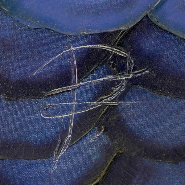 Paola Fabrizi, Vele, olio su tela, siglato in basso a destra, cm 60x120, entro cornice