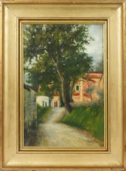 Paesaggio con albero e case, olio su tavola, cm 32x21, firmato, entro cornice.