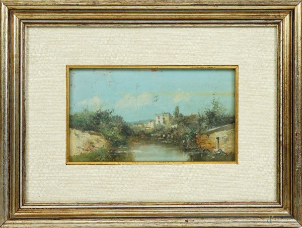 Paesaggio fluviale, olio su tavoletta, cm 11,5x20, XX secolo, entro cornice