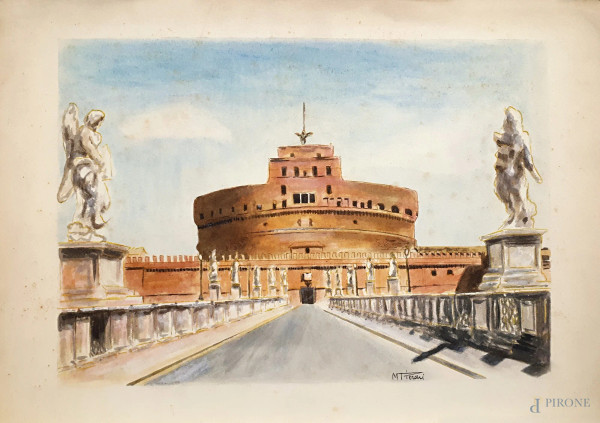 Artista del Novecento, Veduta di Castel Sant’Angelo, acquarello su carta, cm 47x33, firmato
