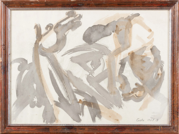 Astratto, XX secolo, tecnica mista su carta, cm 49x68, firmato e datato 1978 in basso a destra, entro cornice, (segni di usura, tracce di umidità, ondulazione del supporto)