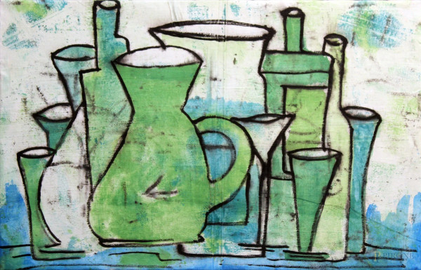 Riccardo Natili - Bottiglie verdi, acrilico su tela, cm. 50x76.
