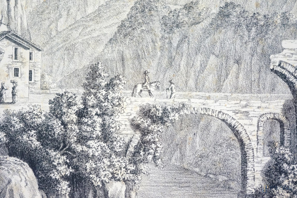 Veduta dell'antico ponte sopra l'Aniene, Gaspare Vinci, stampa litografica, XIX secolo, cm 48,5x6...