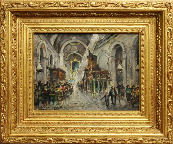 Giordano Felice , Interno di chiesa, dipinto ad olio su tela, cm 30 x 40, entro cornice.