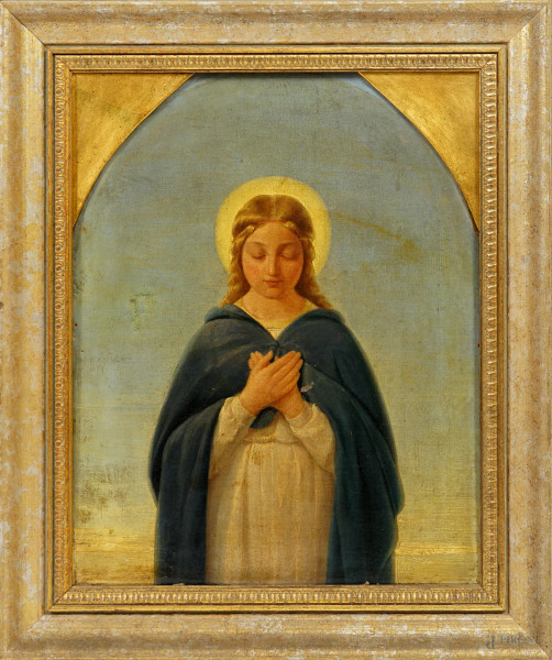 Pittore nazareno del XIX secolo, Vergine in preghiera, olio su tela, cm 57x45, entro cornice