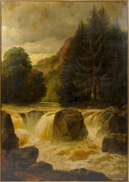 Torrente nel bosco, olio su tela, firmato in basso a destra Charles Stuart, cm 152.5x106, entro cornice