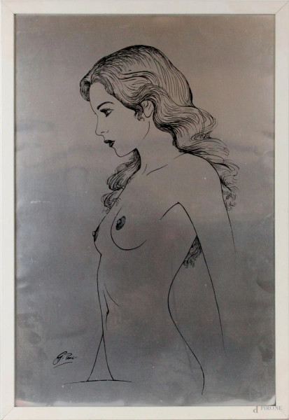 Nudo di donna, lastra in metallo, cm 59x39, firmata G. Pace, entro cornice