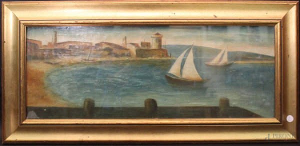 Scorcio di costa con barche, olio su tavola 69x26 cm,entro cornice.