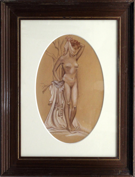 Nudo di donna, tecnica mista ad assetto ovale, 36x23 cm, firmato, primi 900.