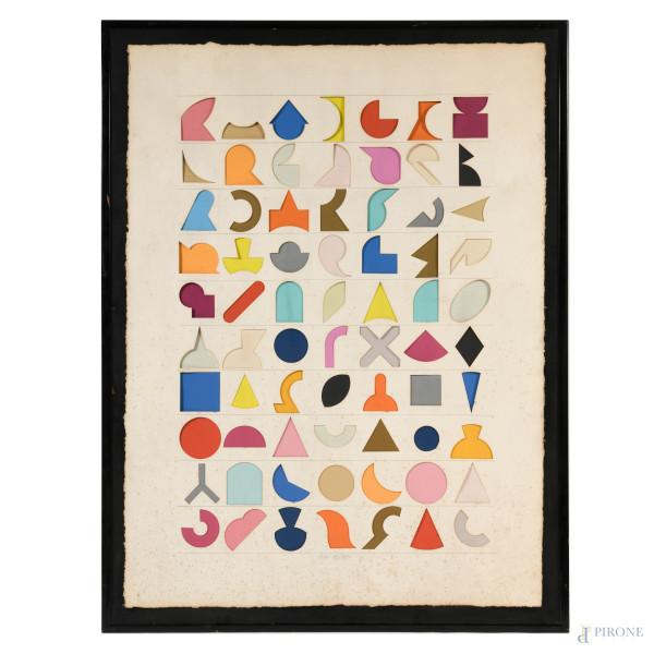 Lucio Del Pezzo (Napoli, 13 dicembre 1933 – Milano, 12 aprile 2020), Composizione, multiplo es. 57/99, firmata al centro "Del Pezzo", cm 136x100,5, (difetti, gore e tracce di umidità diffusa)