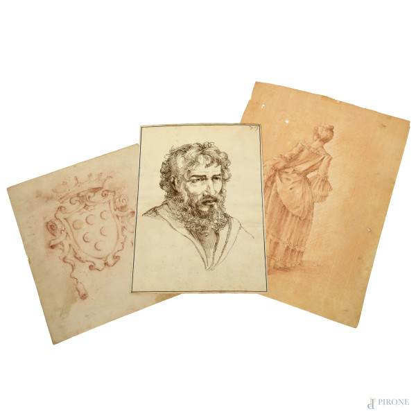 Lotto di 3 disegni a tecnica mista su carta, XIX secolo, misure massime 27,5x20, (lieve usura del tempo)