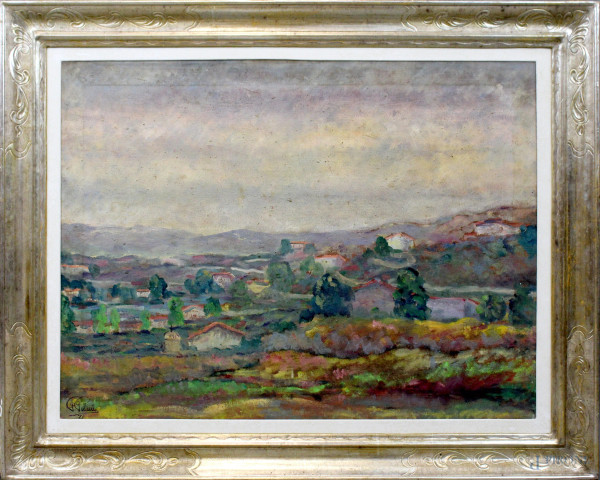 Paesaggio con case, olio su tela, cm. 60x81, firmato e datato, entro cornice.
