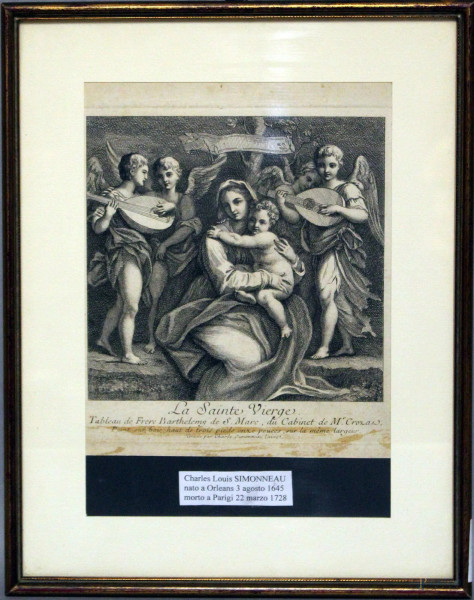 La Santa Vergine, incisione di Charles Louis Simonneau (1645 - 1728), cm. 17x25, entro cornice.