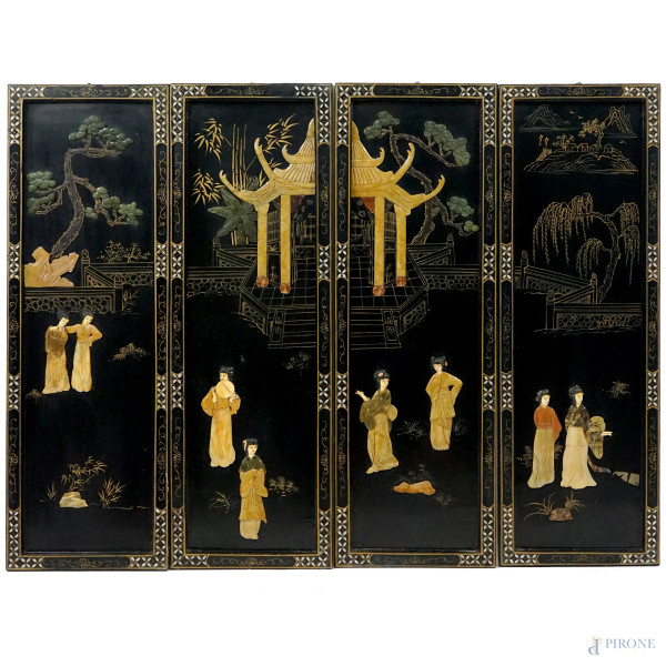 Quattro pannelli rettangolari in legno laccato nero, raffigurante paesaggio con figure di corte realizzate a rilievo in pietre dure policrome, misure cadauno cm 91,5x30,5, Cina, XX secolo, (difetti)