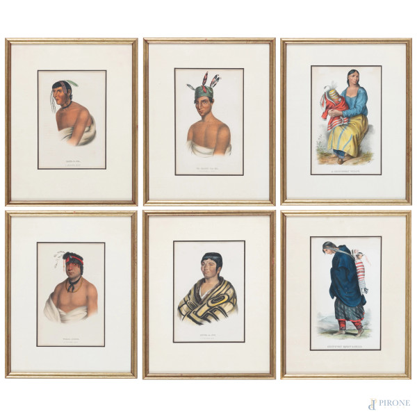 Lotto composto da sei stampe raffiguranti Nativi Americani, XX secolo, cm 34x27 compreso passepartout, entro cornice