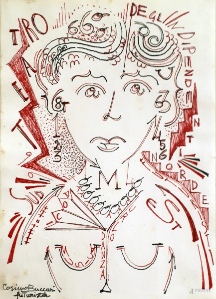 Artista futurista del Novecento, Figura con parole in libertà, tecnica mista su carta del Maestro Cosimo Buccari, cm 20x14,5, firmato Cosimo Buccari Futurista in basso a sinistra