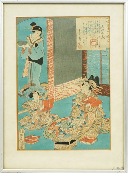 Utagawa  Kunisada - Interno con cortigiane, multiplo a colori, cm 32x22, Giappone,  entro cornice.