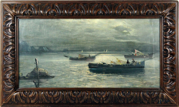Marina con imbarcazioni, olio su cartone telato, cm 35x70, firmato, entro cornice