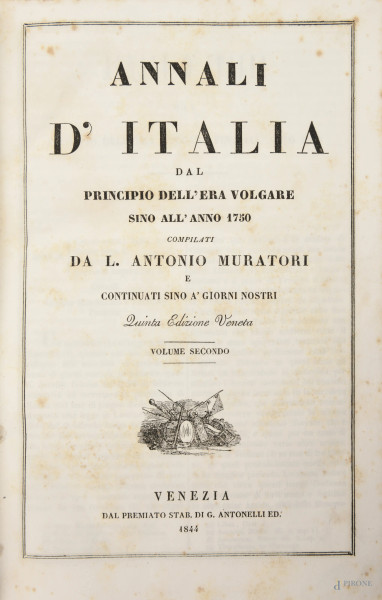 Annali d'Italia dal principio dell'era volgare sino all'anno 1750 compilati da L. Antonio Muratori, voll. II, III, V, VI e VIII, Venezia 1844-1847, (segni di usura, consunzione, strappi, difetti)