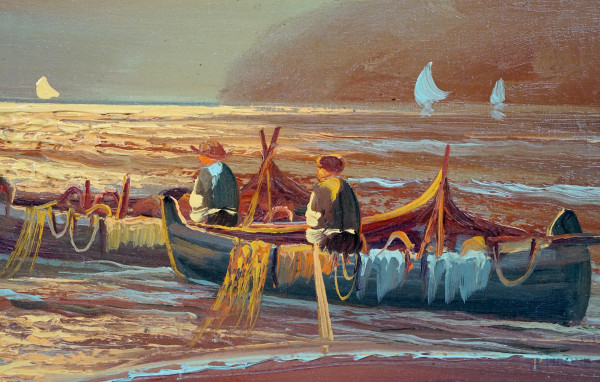 Marina con pescatori, olio su tela, firmato, cm 50x70, entro cornice
