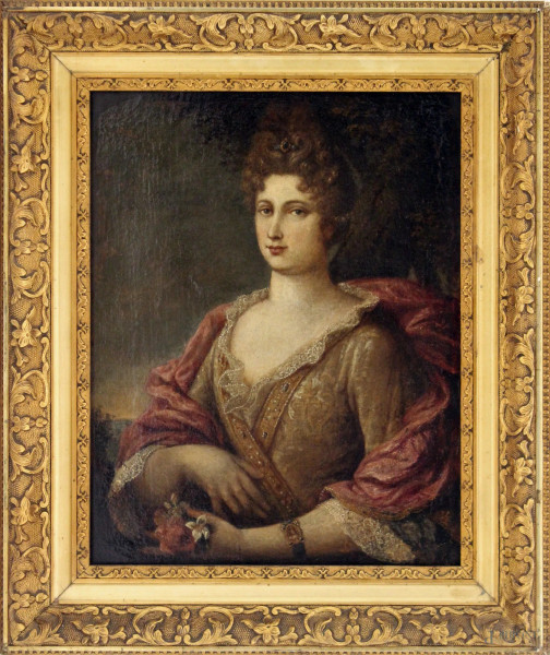 Ritratto di nobildonna, olio su tela, XVIII sec., cm 40 x 32, entro cornice.