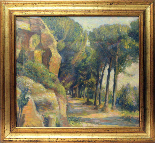 Paesaggio con vialetto, olio su tavola, cm 43x48, firmato G. Galli, entro cornice.