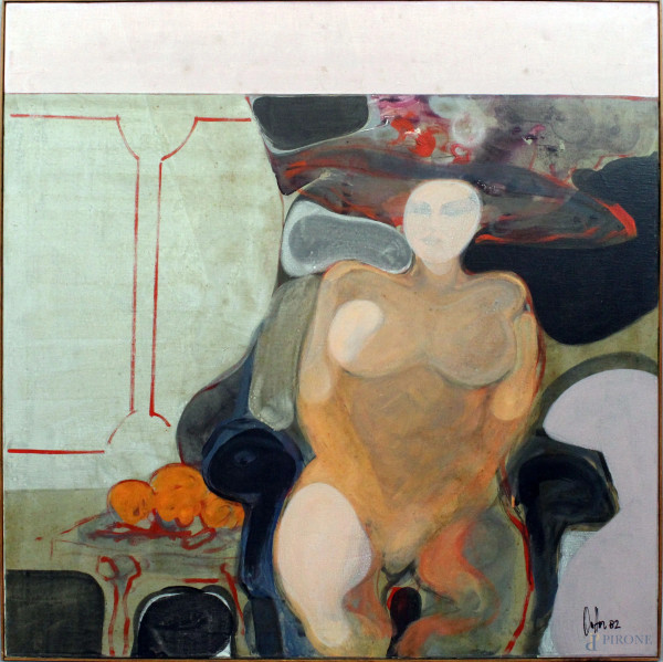Ernesto Ochoa - Donna con cappello, olio su tela, cm 95x95, entro cornice