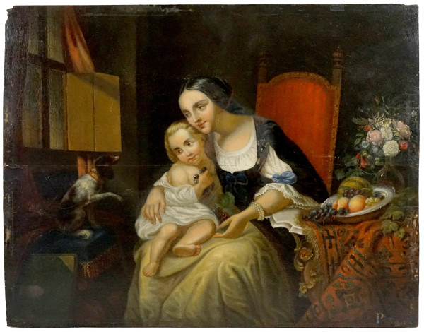 Pittore del XIX secolo, Donna con bambino e cagnolino, olio su tavola, cm 41x52, (piccole cadute di colore)
