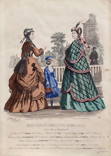 Scena galante di moda ottocentesca, 1880 circa, illustrazione cromolitografica su carta, cm 29x21