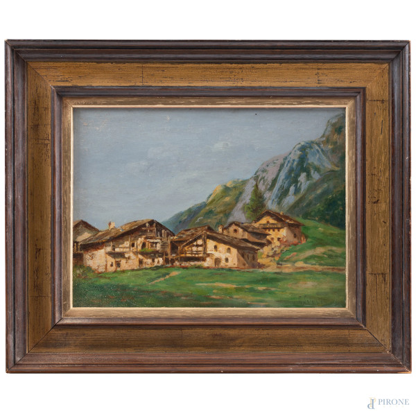 Giovanni Salviati (1881-1951), Paesaggio montano, olio su tavoletta, cm 19x25, firmato in basso a destra, entro cornice,