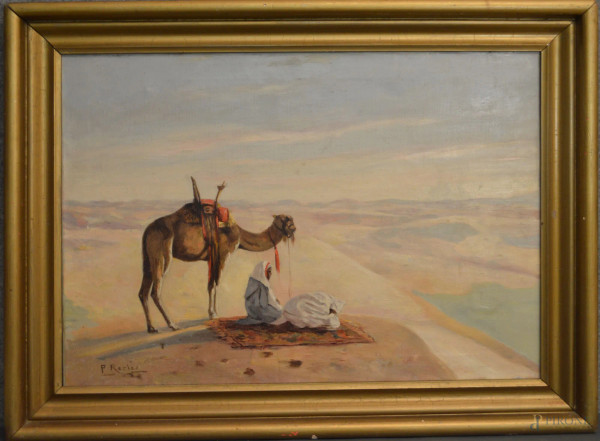 Paesaggio arabo, olio su tela 50x70 cm, entro cornice firmato.