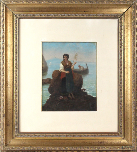 Scuola napoletana del XIX secolo, Fanciulla, olio su tela, cm. 27x22, entro cornice.