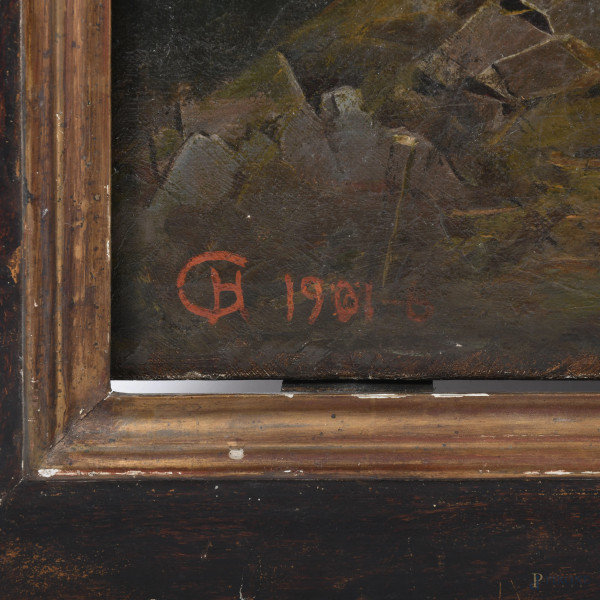 Paesaggio con croce e cometa, olio su tela, cm 97x127, siglato e datato '1906' in basso a sinistr...