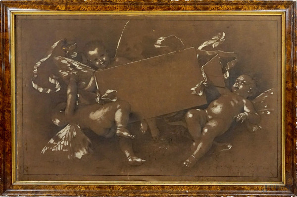 Artista del XIX secolo, Gioco di putti, biacca e carboncino su carta riportata su tela, cm 112x179, entro cornice, (difetti e macchie).