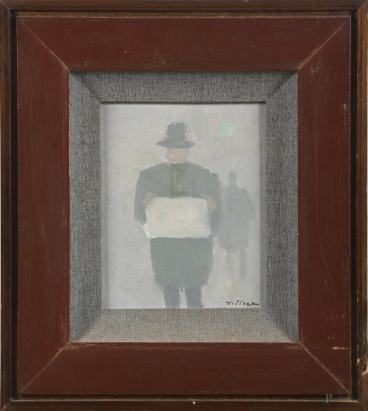 Franco Villoresi - Figura con giornale, tecnica mista su cartone telato, cm 25x20, firmato in basso a destra, entro cornice, (lievi abrasioni)