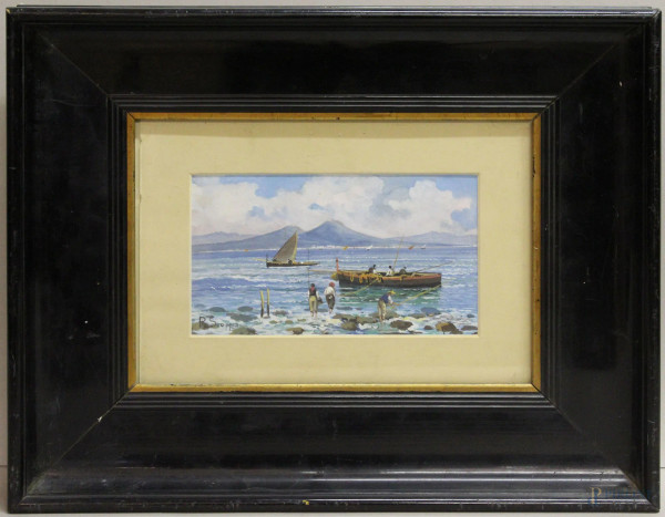 Costa napoletana con barche e pescatori, gouache 17x10 cm, entro cornice firmato R. Scoppa.