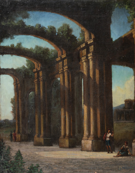 Rovine con figure, XIX-XX secolo, olio su tela applicata su cartone, cm 76,5x61, (segni di usura, abrasioni, piccola caduta di colore)