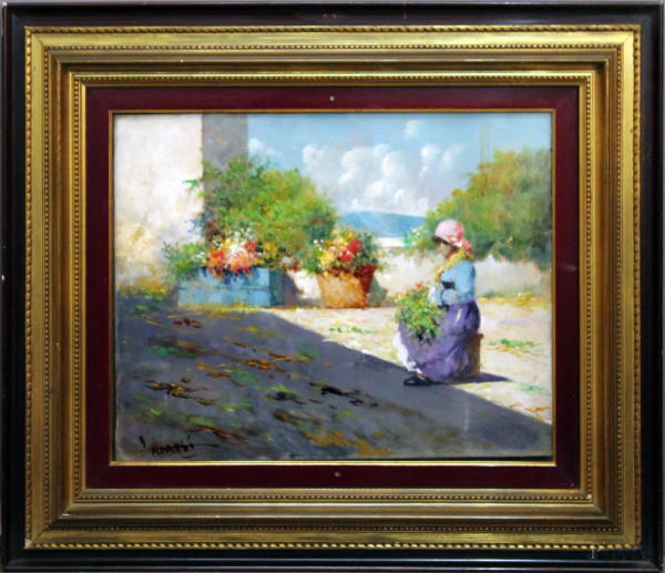 Fanciulla con fiori al terrazzo, olio su tela, 40x50 cm, firmato Lamesi