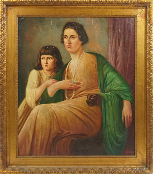 Ritratto di madre con figlia, olio su tela, firmato e datato Richard Brenner 1922, cm 101x85,5, entro cornice