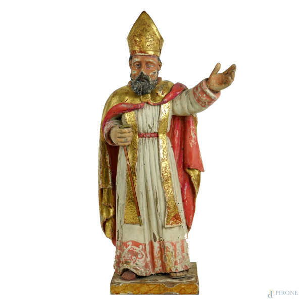 Vescovo, scultura in legno policromo, XIX secolo, cm h 54, (difetti e parti sostituite)