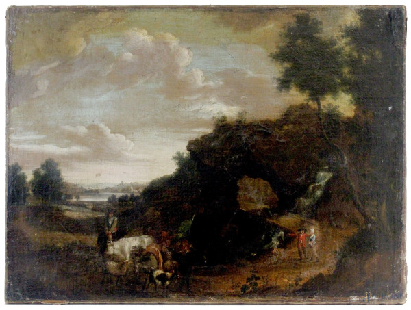 Pittore fiammingo del XVIII secolo, Paesaggio con pastori e armenti, olio su tela, cm 48x65.