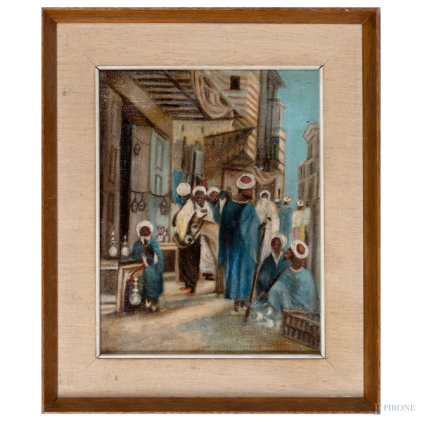 Mercato arabo, XX secolo, olio su tela, cm 35x27,5, entro cornice, (piccole abrasioni e cadute di colore)