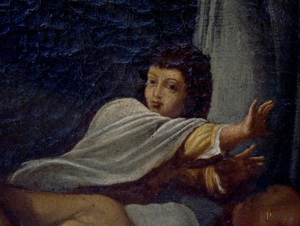 Pittore bolognese del XVII secolo, San Benedetto scaccia il diavolo, olio su tela, cm 145,5x97