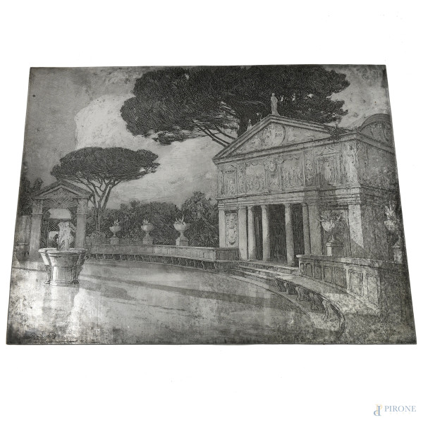 Dante Ricci - Veduta di villa con fontana, lastra calcografica, cm 46,5x56,5, firmata in basso a sinistra, (segni di usura). 