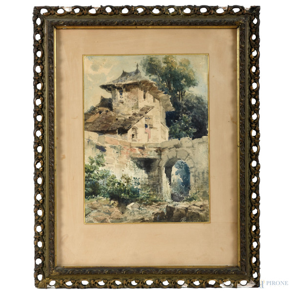 Cassapanca in legno con fronte decorato ad intaglio tripartito in tre pannelli. Piano apribile a ribalta  [..]