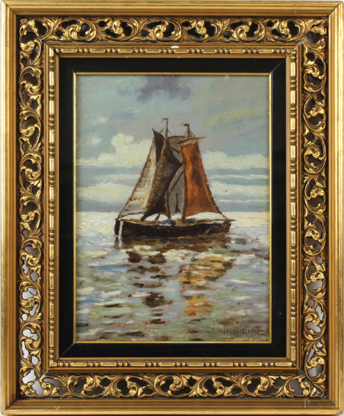 Marina con barca, olio su cartone, cm 36x25, firmato, entro cornice