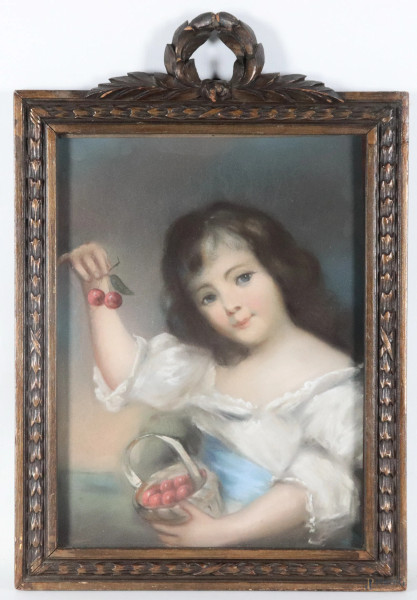 Bambina con ciliegie, XX secolo, pastello su carta, cm 40x30, entro cornice