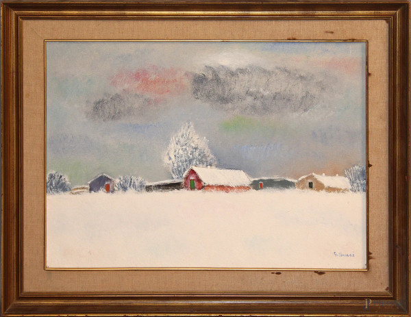 Giuseppe Succi - Paesaggio invernale, olio su tela 70x50 cm, entro cornice