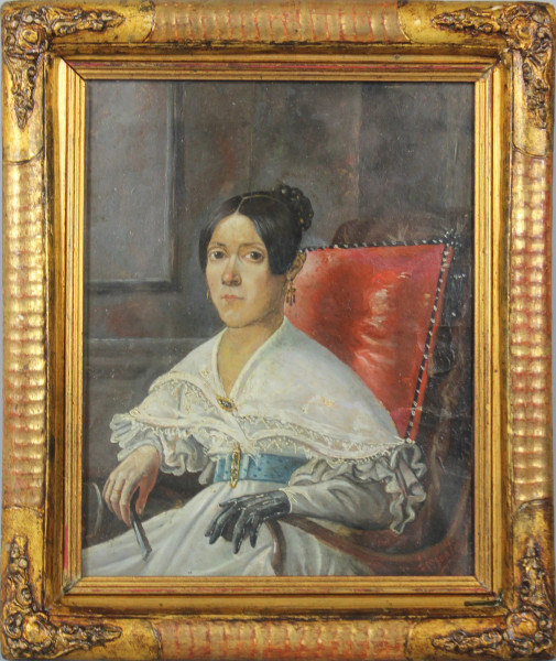 Ritratto di donna, olio su cartone, 24,5x19,5cm , firmato Lo Forte, entro cornice.