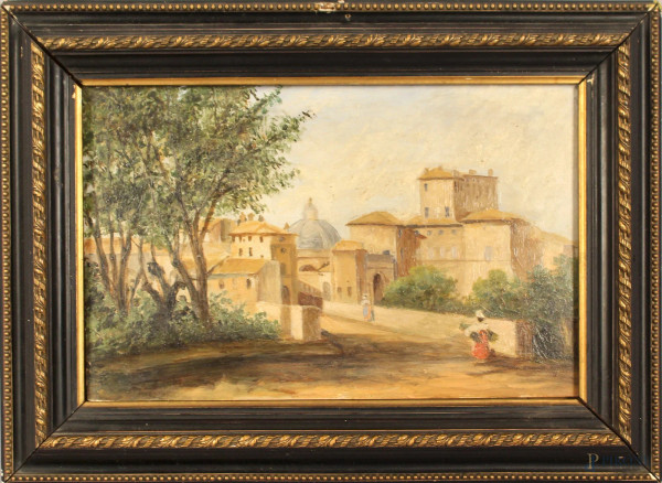 Scuola romana del XIX secolo, Veduta di Ariccia, olio su cartoncino, cm. 18x28, entro cornice.